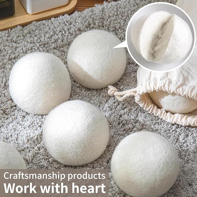 Organic Wool Dryer Balls Wool Balls for Dryer, Laundry Balls for Dryer Reusable 6P Reducing Clothing Wrinkles,Saving Drying Time and Fabric Fluffier 100% New Zealand Wool Lint Balls (24p White)