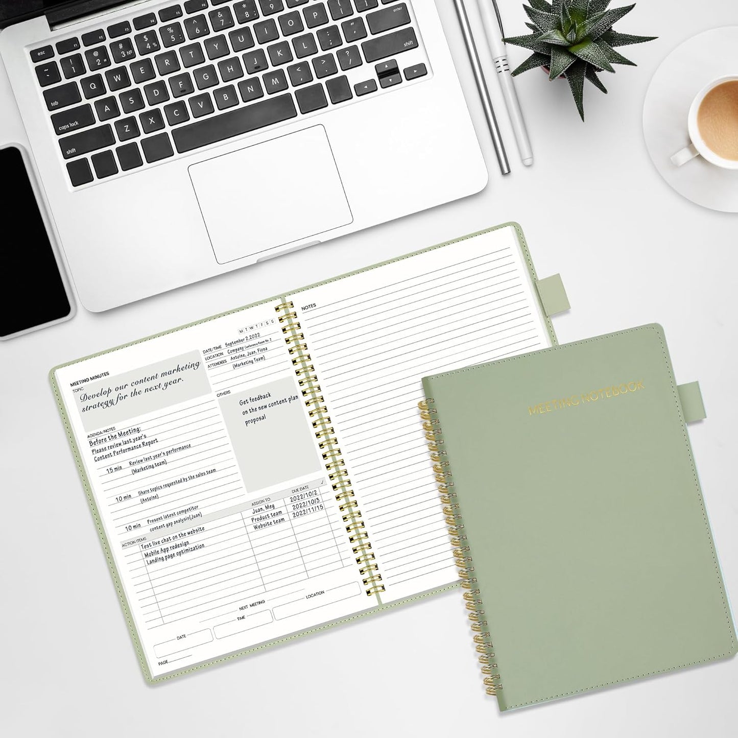 SUNEE Half Meeting Half Note - 7.5"x10" Professional Notebooks for Work - 160 Pages, B5 Size Project Planner, Spiral Meeting Agenda Organizer for Women Men, Note Taking,Office with Vegan Leather Cover