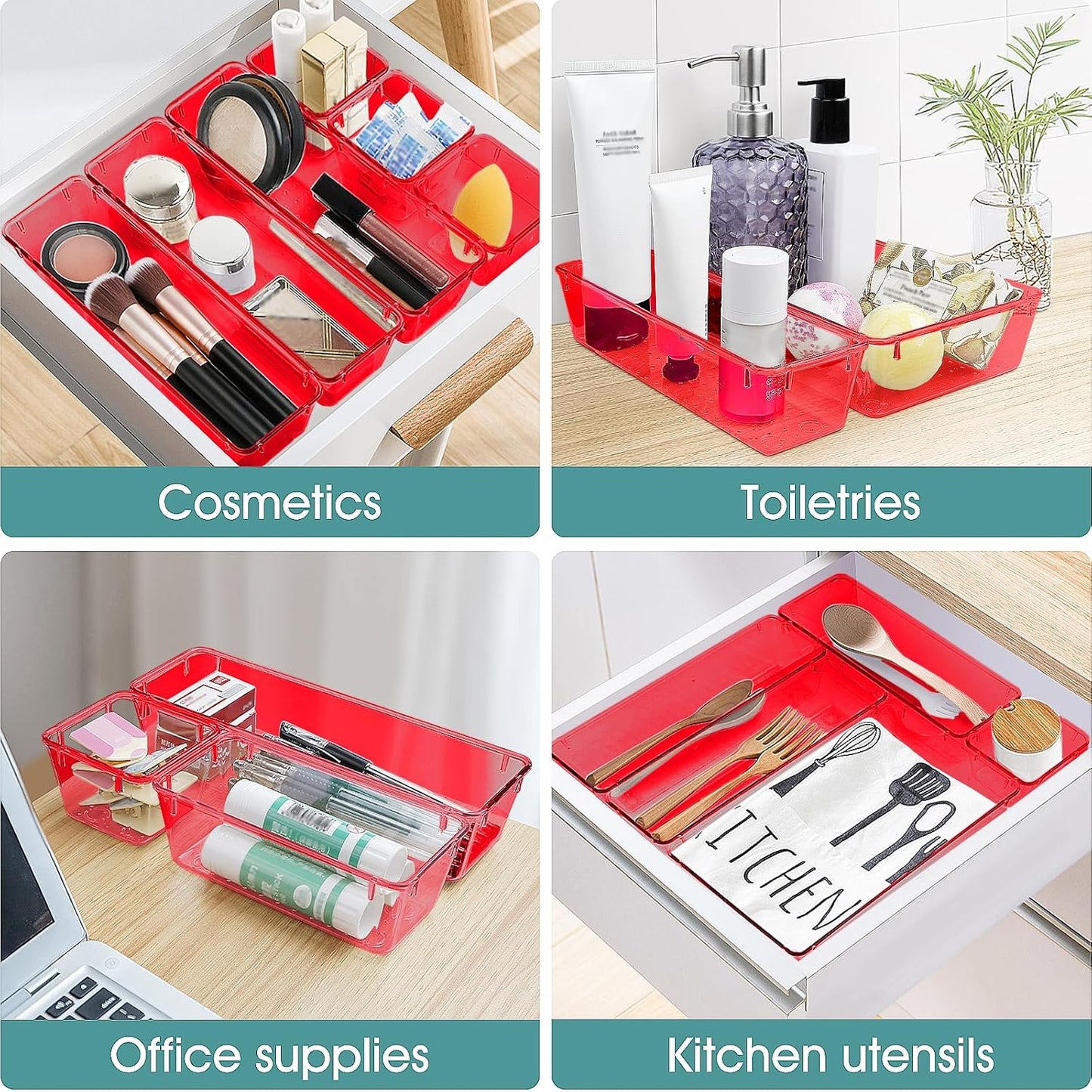 WOWBOX 25 PCS Plastic Drawer Organizer Set, 4 Sizes Desk Drawer Divider Organizers and Storage Bins for Makeup, Jewelry, Gadgets for Kitchen, Bedroom, Bathroom, Office, Clear Red