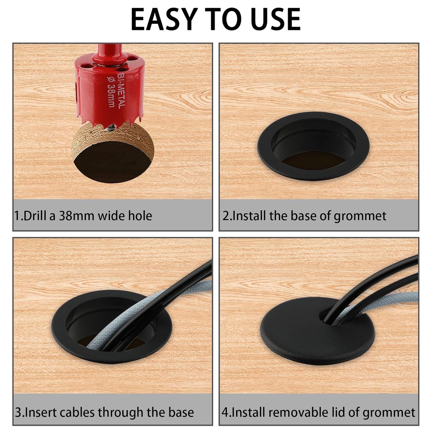 1.5 Inch(38mm) Desk Grommet,13 Pieces Wire Grommet, Desk Hole Cover for Cables with Hole Saw,Plastic Cable Cord Wire Hole Cover for Desk, Table,Cabinet,Countertop and Other Furniture(Black)