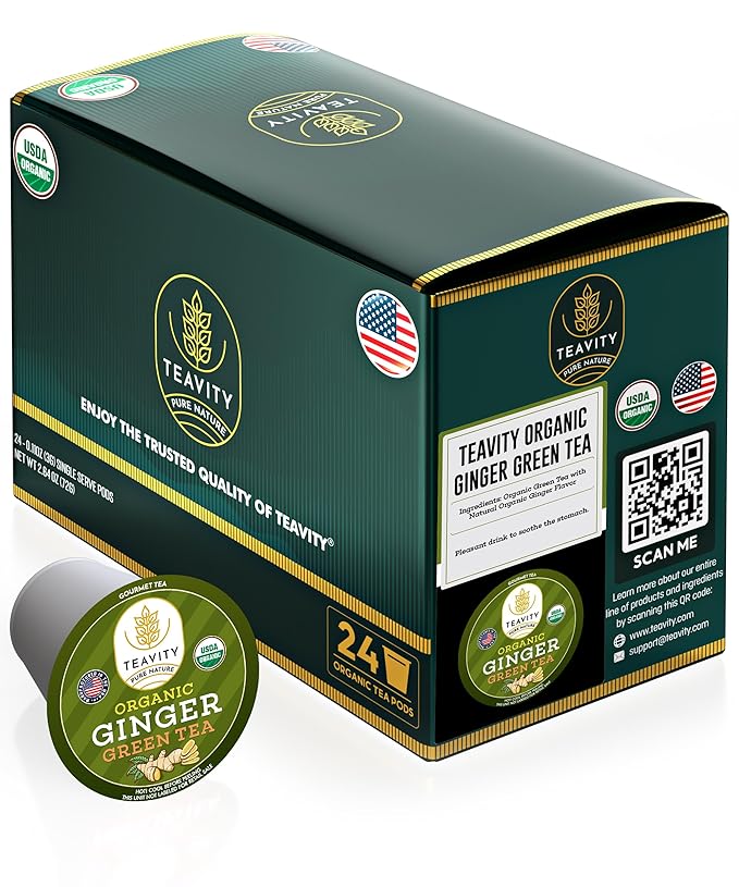 Green Tea & Ginger Tea Pods for Keurig - Caffeinated, Organic, Dye Free, Unsweetened, Herbal Blend for K Cup Machines - Hot or Iced (24 Tea Pods)