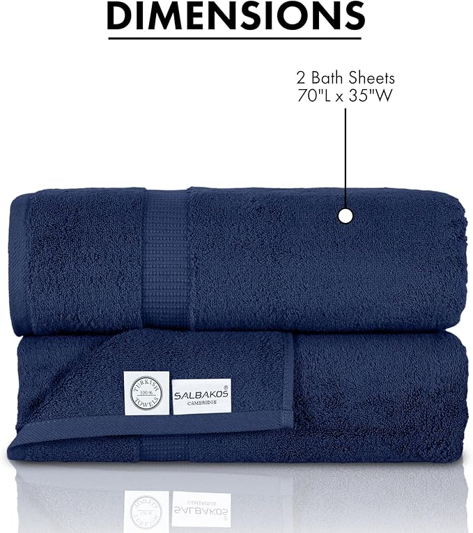SALBAKOS 100% Turkish Cotton Extra Large Bath Sheet Set of 2 35x70 inch | Heirloom Quality | Hotel & Spa Collection | Soft, Absorbent Oversize Bath Towels | Made in Turkey (Navy, 2 Bath Sheets)
