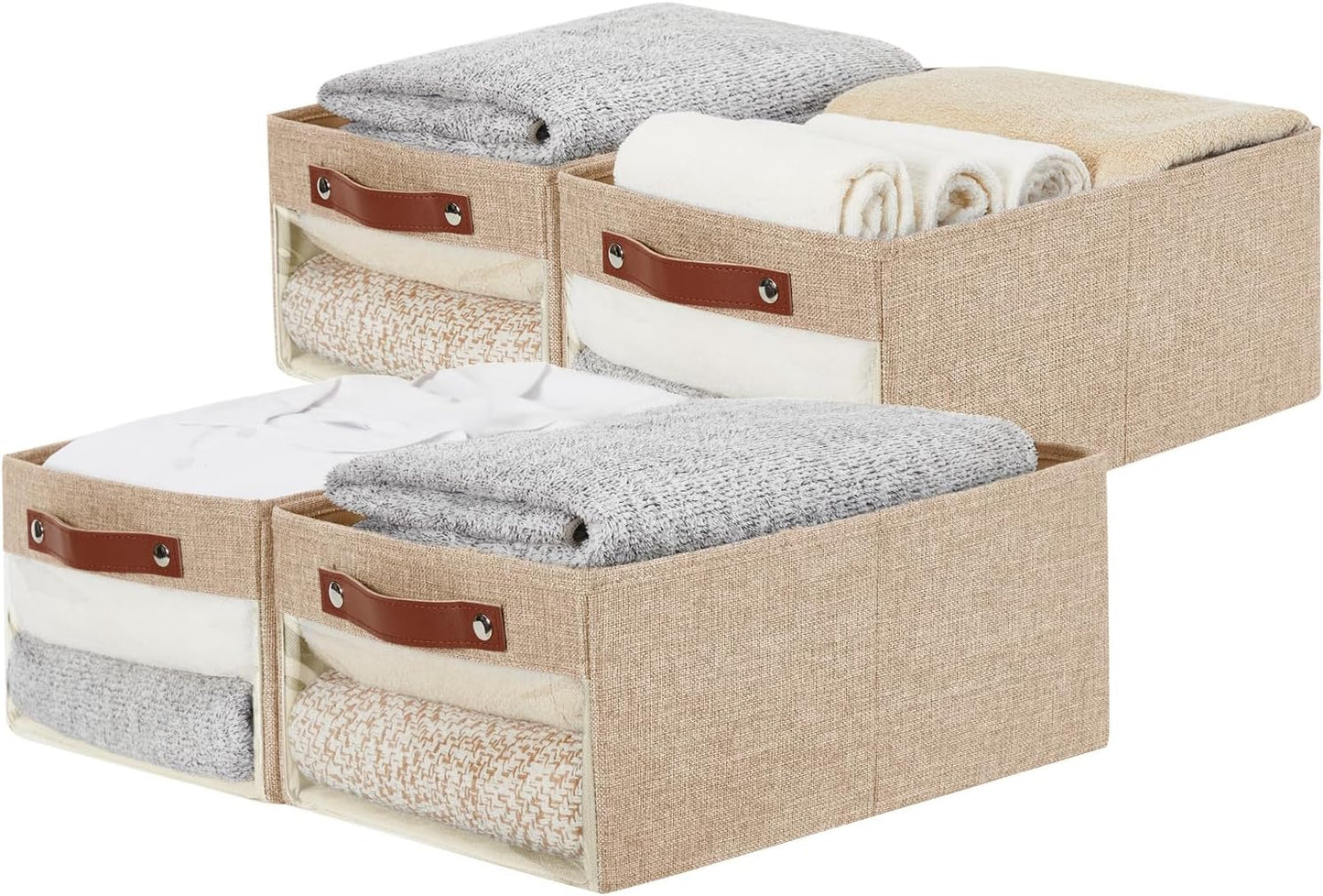 Medium Storage Baskets with Clear Window, See Through Closet Organizer with PU Handles, Linen Foldable Storage Bins for Organizing Clothes, Toys, Books (Khaki)