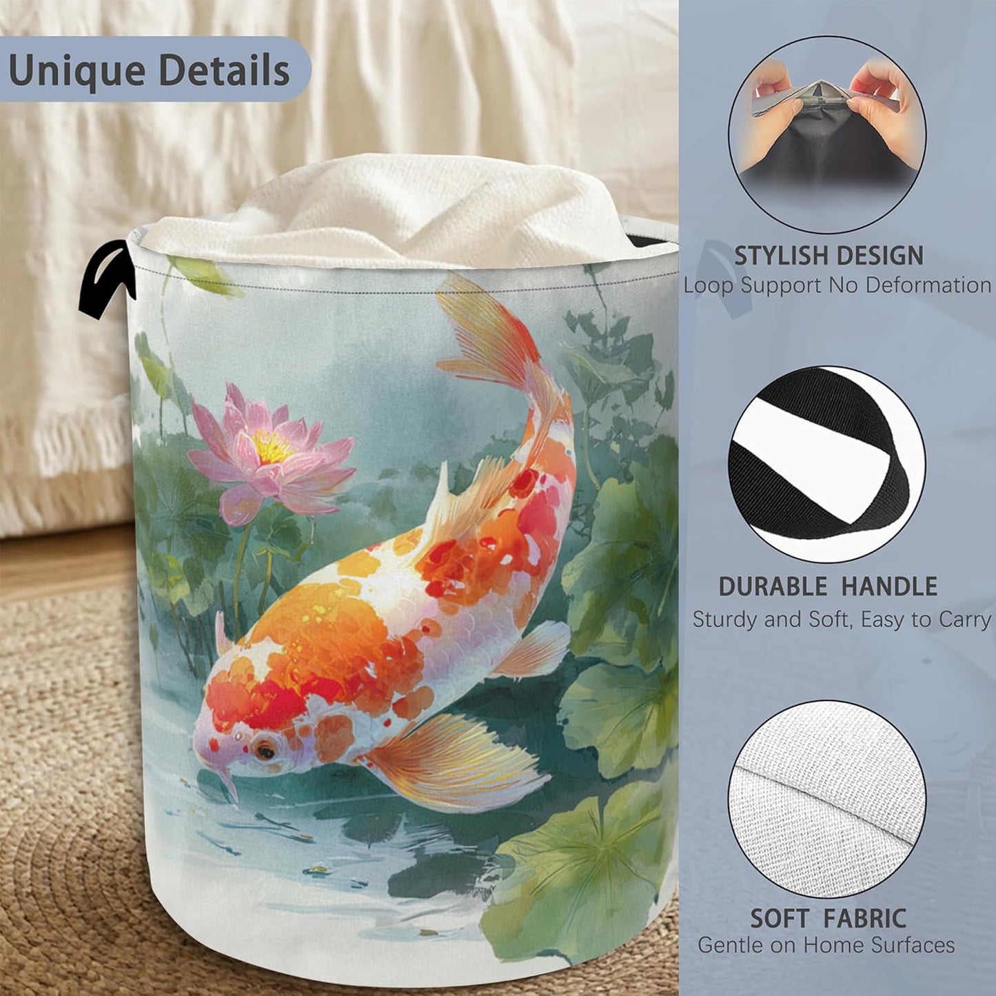 Goldfish Laundry Basket,Lotus Foldable Oxford Cloth Tote Bag Laundry Hamper Clothes Storage Bucket Organizer for Bedroom Laundry Storage Dormitories 16" x 20.8"
