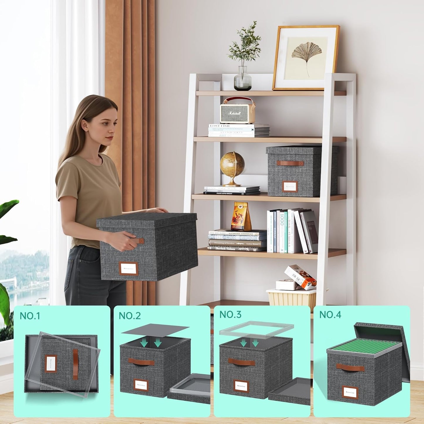 File Organizer Box with Lid File Box for Hanging Decorative File Organizer with One-Piece Integrated Plastic Slide Rail (Grey, 13.2x10.1x10.1inch(3pack))