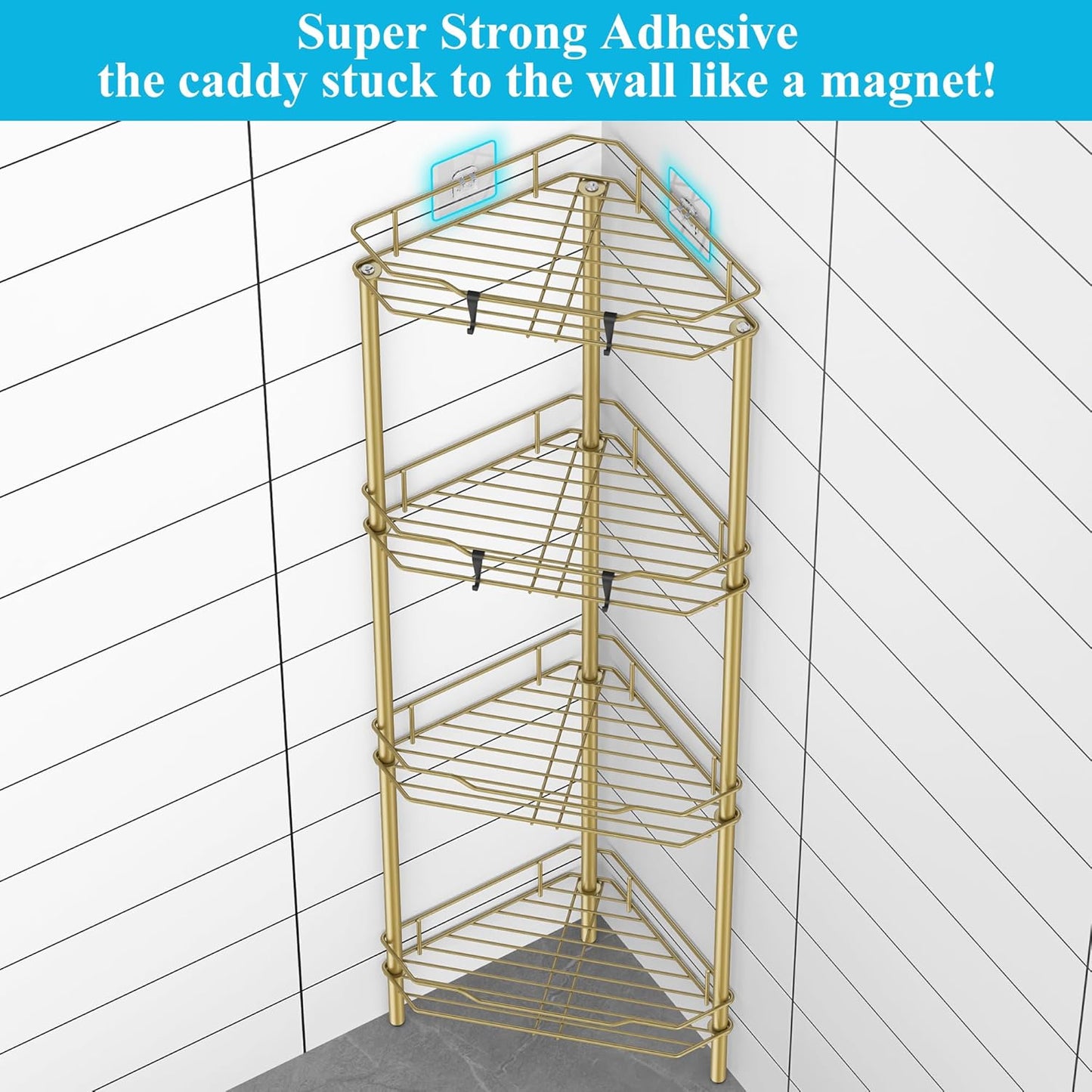 4 Tier Floor Standing Corner Shower Caddy Organizer Shelf with Hooks, Bathroom Shelves Stand Rack, Gold