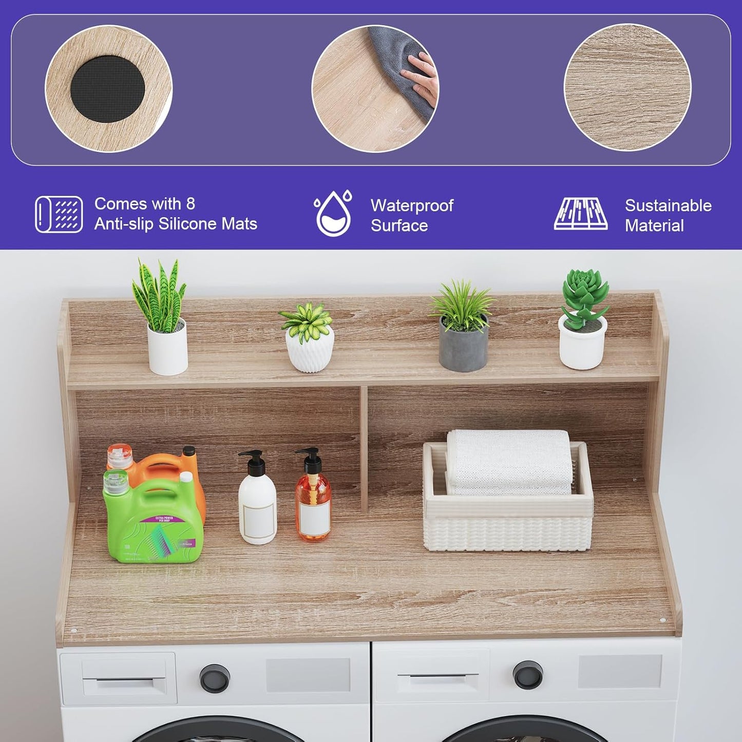 Washer Dryer Countertop with 2 Tier Shelf, 27.5" W × 54" L Laundry Wood Countertop with Edge Rails for Laundry Room Organization and Storage (Oak)