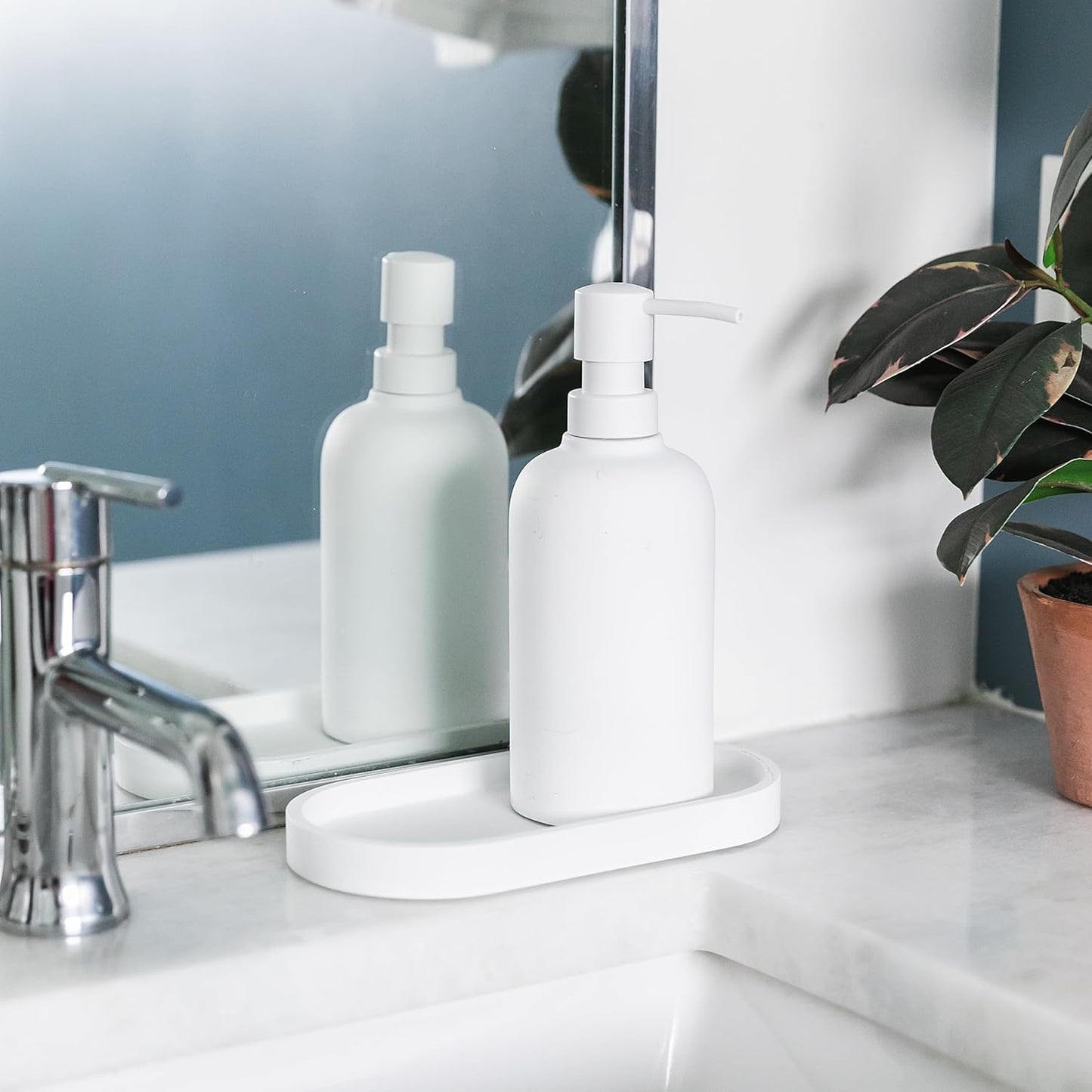 Matte White Round Soap Dispenser Tray, 8” Soap and Lotion Bottle Tray Organizer Plate for Bathrooms, Kitchens, Countertops - Holds 2 Soap Dispensers