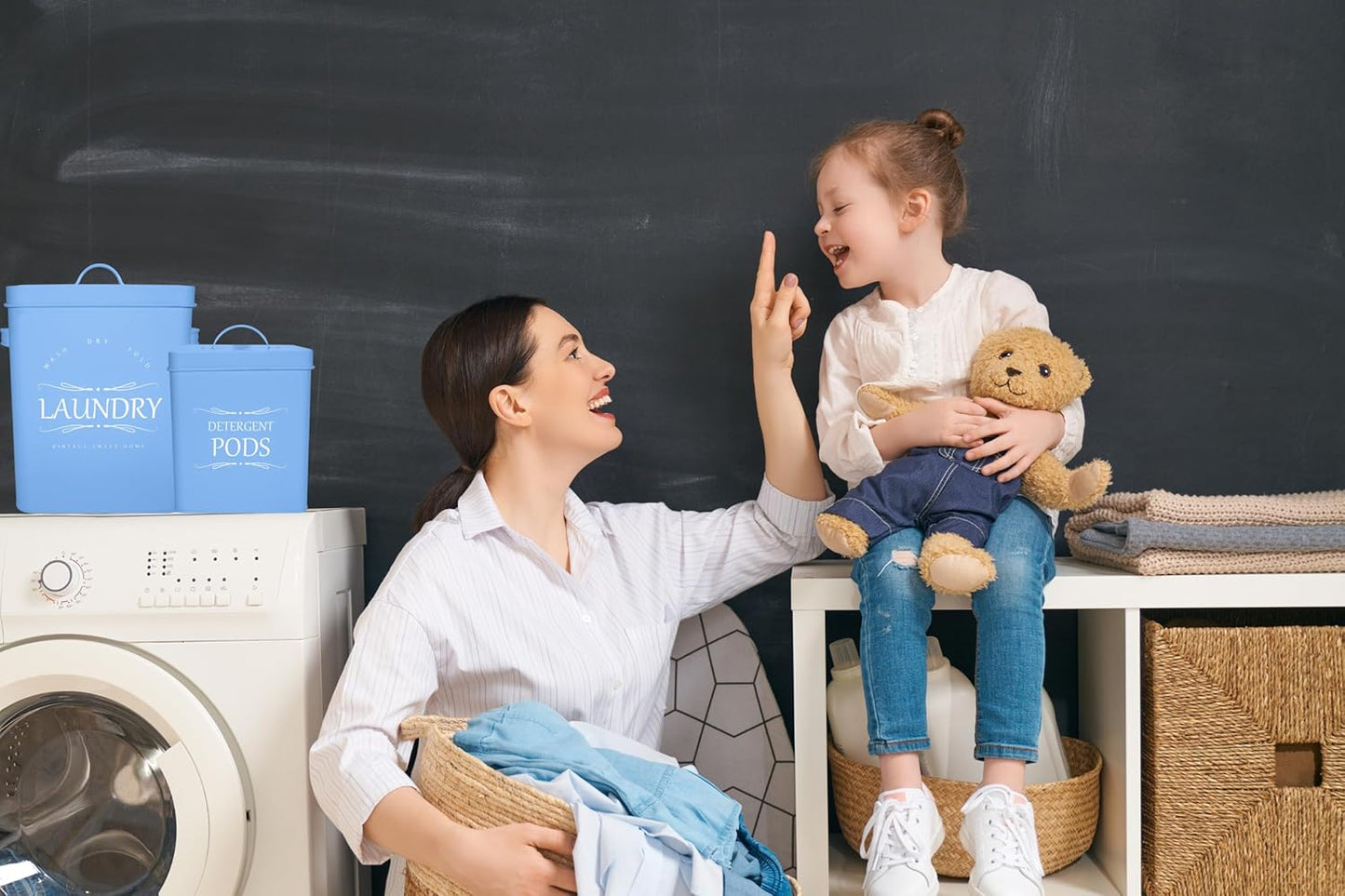 Meraki Home Laundry Detergent Container Set – 2-Pack Detergent Holder and Pods Container with Metal Scoop – Farmhouse Canisters for Laundry Room Organization and Storage - Matte Blue