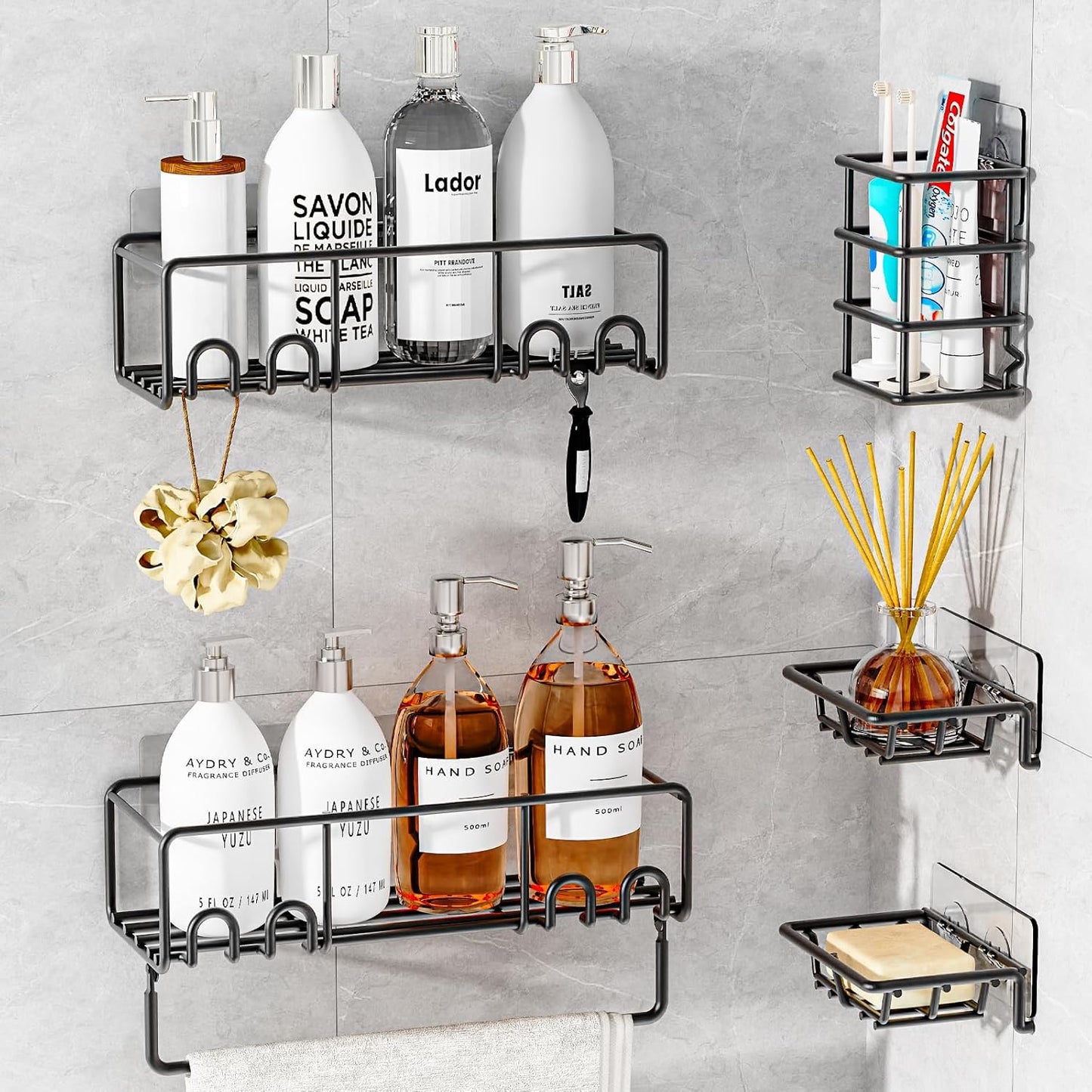 5-Pack Shower Caddy, Adhesive Shower Organizer, No-Drill Space Saving Shower Shelf with Soap Dish, Rustproof Shower Shampoo Holder for Kitchen & Bathroom Storage & Home Decor (Black)
