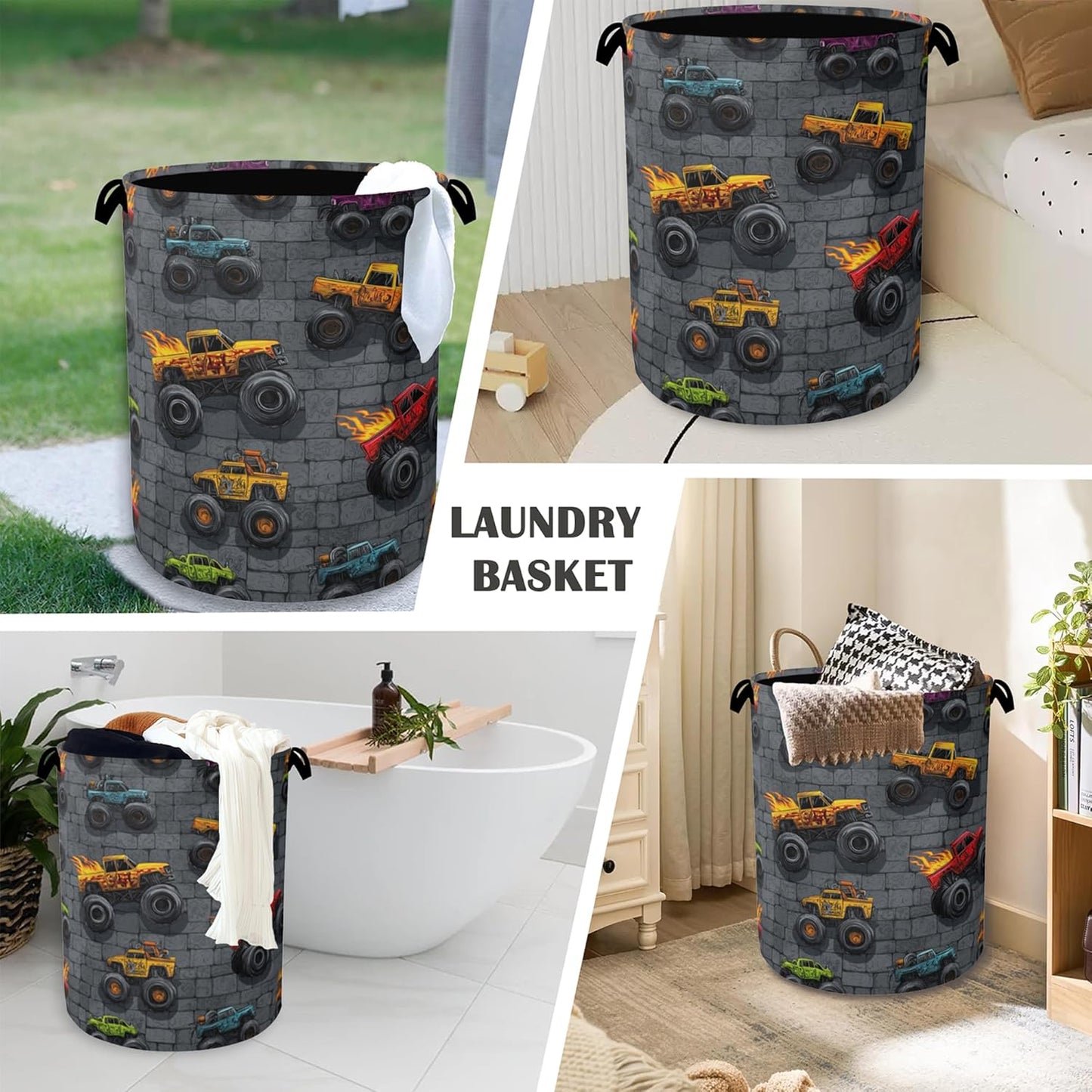 Funny Cars Laundry Basket,Foldable Oxford Cloth Tote Bag Laundry Hamper Clothes Storage Bucket Organizer for Bedroom Laundry Storage Dormitories 16" x 20.8"