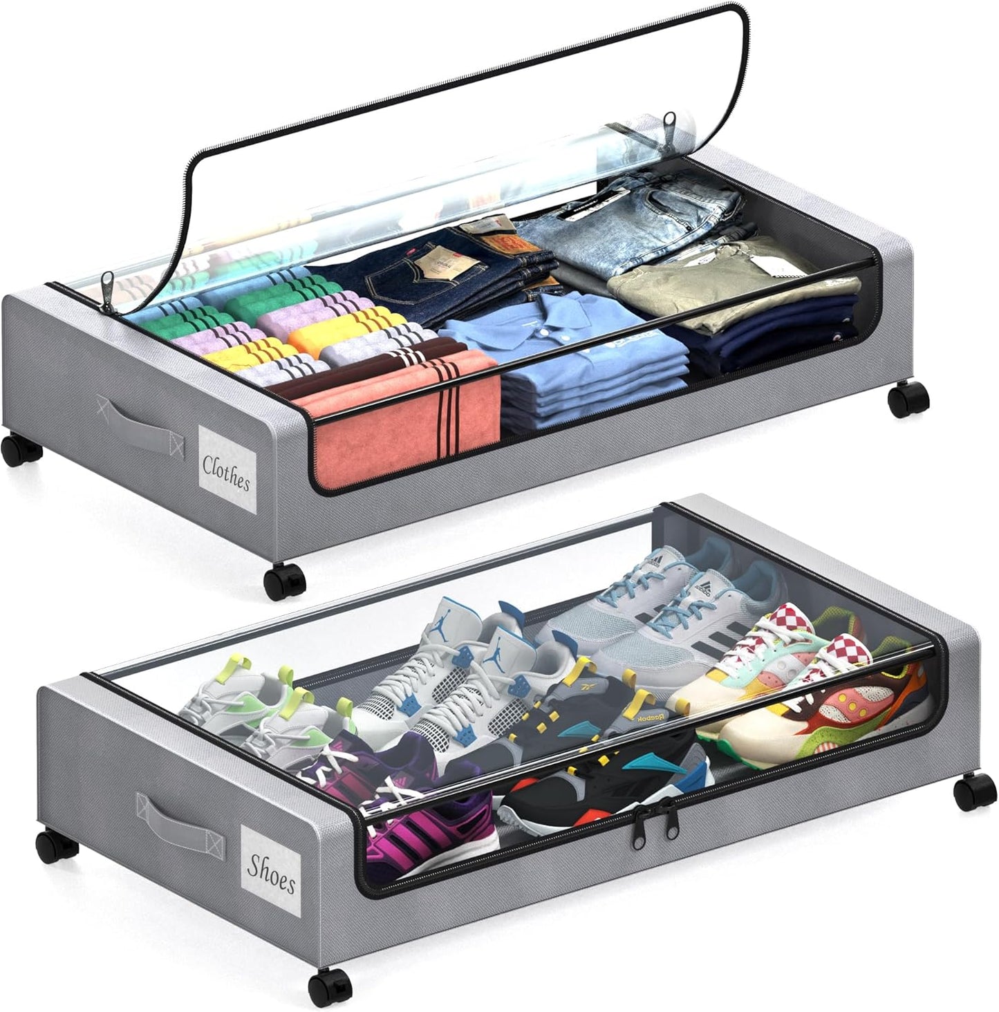 Under Bed Storage with Wheels, 2 Pack Under Bed Storage Containers with Dividers & Clear Lids, XXL 65L Under the bed storage Organizer Bins, Underbed Storage with Wheels for Clothes (Gray, 2 Pack)