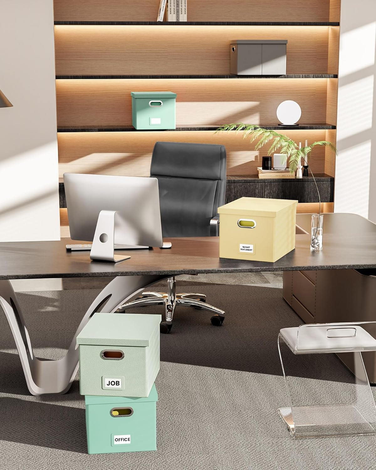 2 Pack File Storage Organizer Box,Filing Box,Portable File Box with Lid,Fit for Letter/Legal File Folder Storage, Grey-green(Leather)-Box only