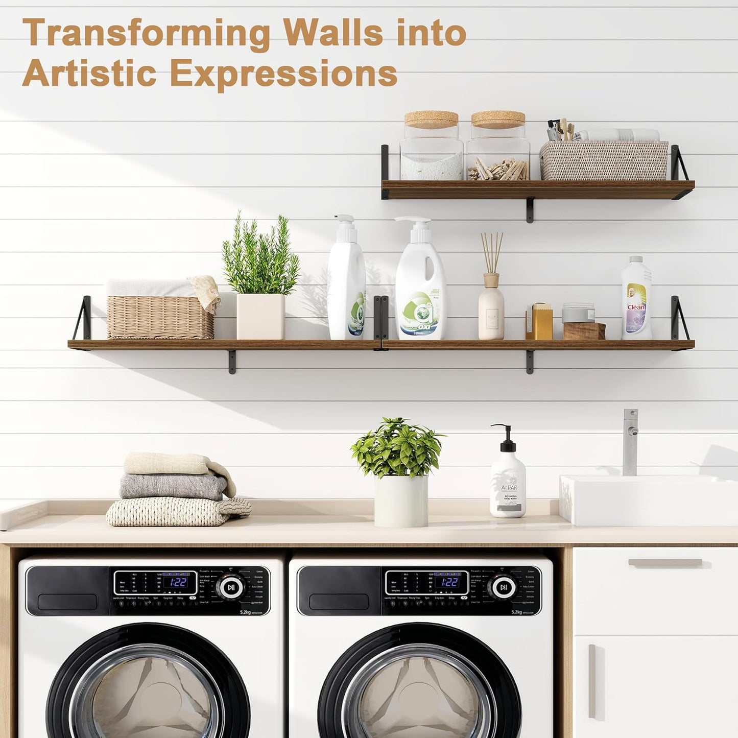 Fun Memories Floating Shelves, 32 x 8 Inches, Set of 3 Wall-Mounted Bookshelves with Metal Brackets, Decorative Storage for Home and Office (Walnut)