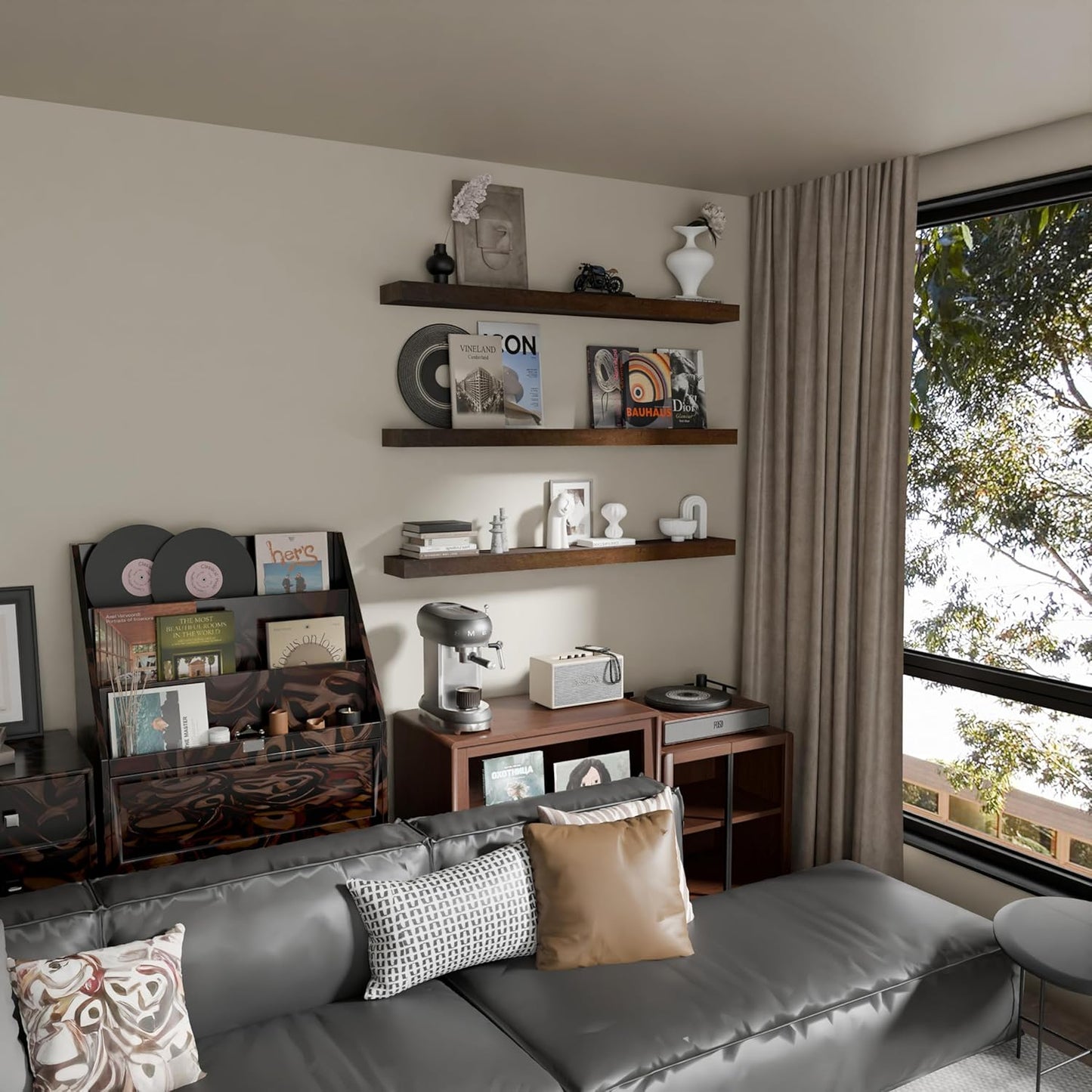 Floating Shelves for Wall, 48 Inch Extra Long Walnut Wall Shelves, Set of 3, Hanging Invisible Brackets Floating Shelves for Living Room,Bedroom,and Kitchen