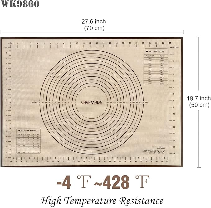 CHEFMADE Silicone Baking Mat, 28" x 20" Extra Thick Large Non-Stick Sheet Mat with Measurement | Non-Slip Reusable Food Grade Flexible Dishwasher Safe｜Making,Cookies,Macarons,Bread,Pastry and Pizza