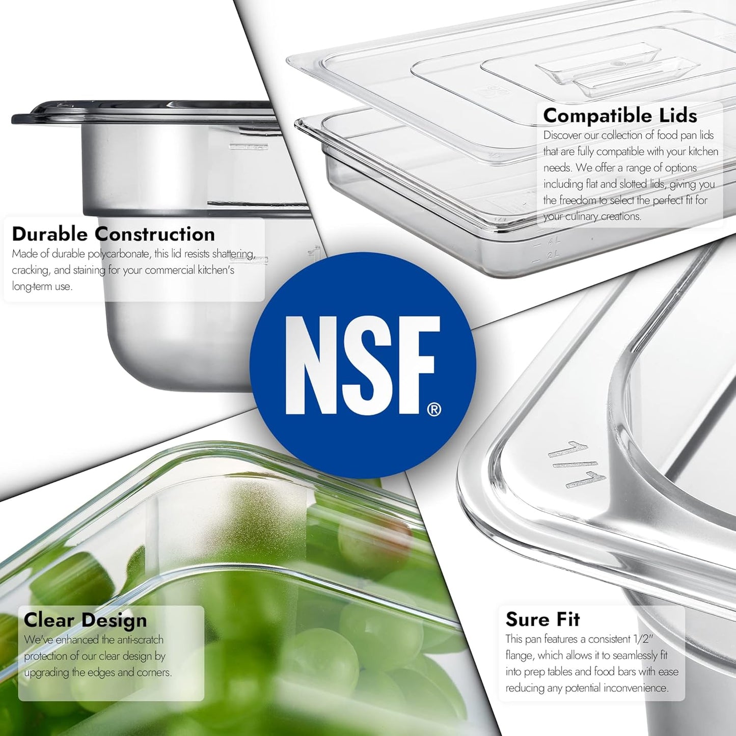 CURTA 6 Pack NSF Food Pans, Full Size 2 1/2 Inch Deep, Commercial Polycarbonate Plastic Clear Freezer-Safe