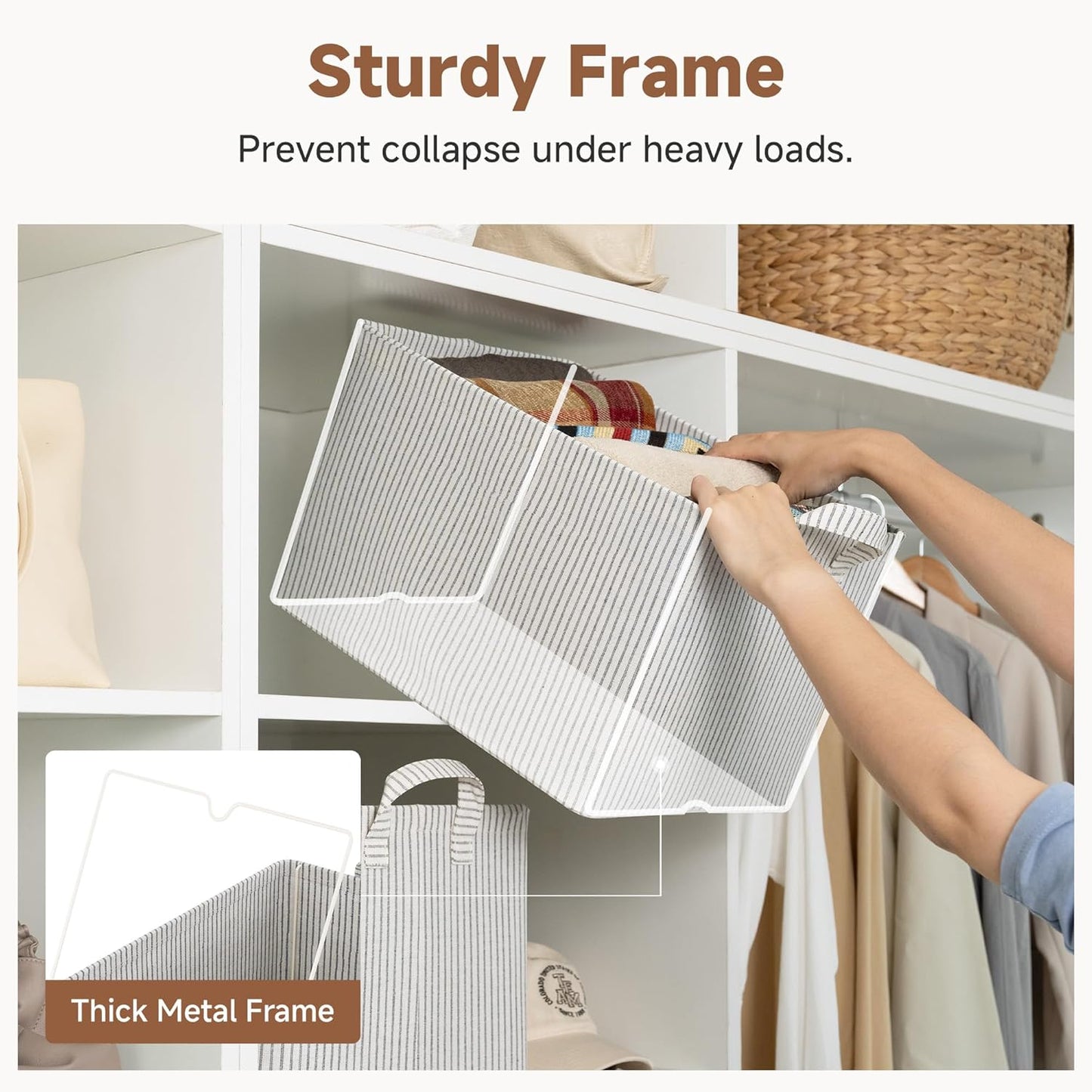 StorageWorks Storage Bins, Fabric Storage Bins for Shelves, Large Storage Baskets with Metal Frame, Closet Baskets and Bins with Handles, Khaki and Beige Stripes, 2-Pack