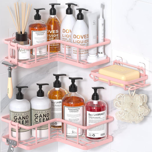 YASONIC Shower Caddy Corner, 3-Pack Adhesive Rustproof Stainless Steel Shower Shelves with Soap Holder, No Drilling Shower Organizer Corner for Dorm, Renters Bathroom, Pink