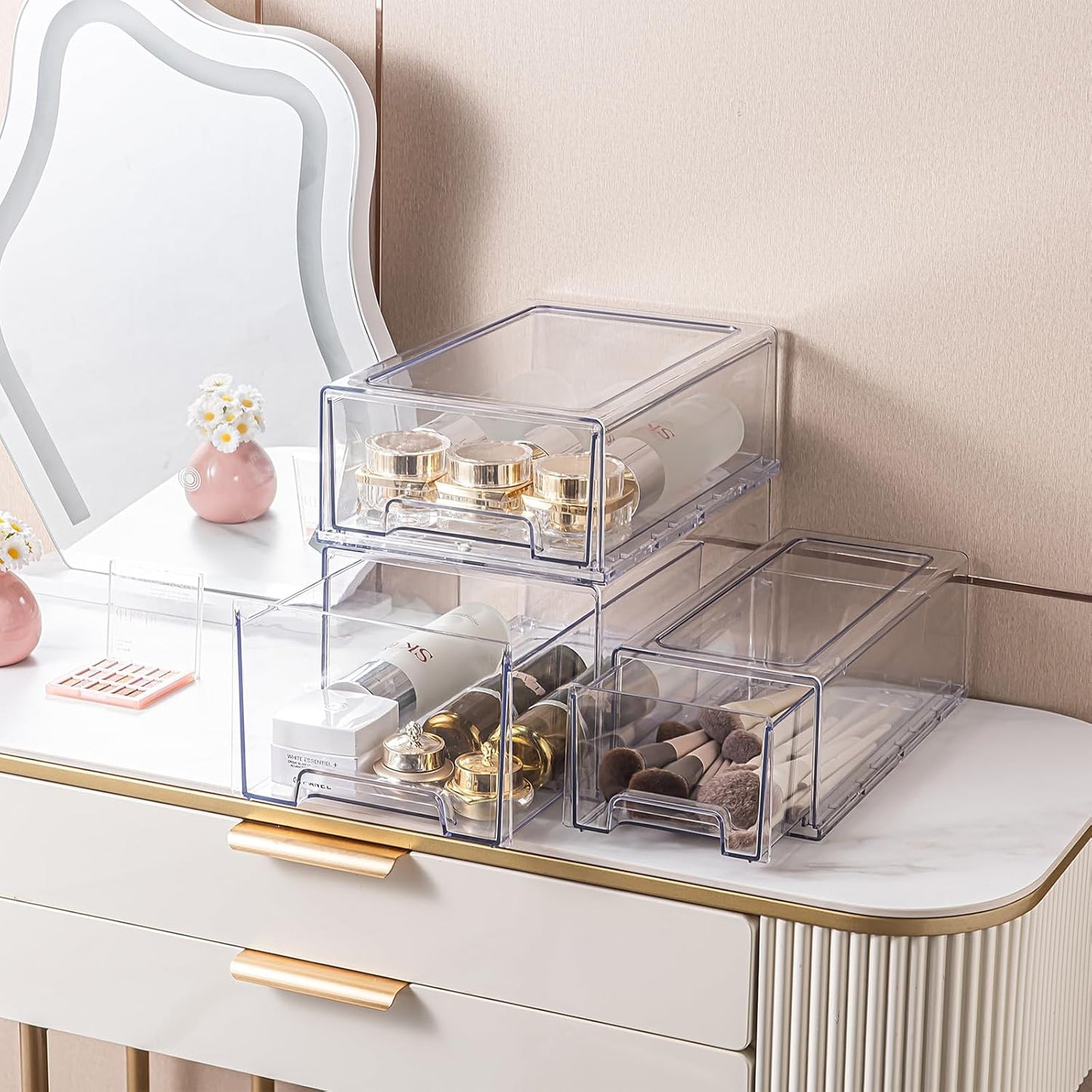 PeJeyiee 2 Pack Stackable Pull-Out Storage Drawers，Plastic Clear Organizer Bins with Handles，Easily Clean for Craft, and Toy Organization，Kitchen Undersink，Cabinet，Fridge，Closet，Pantry，Office，Bathroom