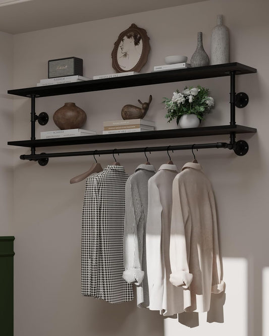 Black Clothes Rack 60in, 2-Tier Wall Mounted Garment Rack with Real Wood Shelf, Heavy Duty Hanging Clothes Rack, Multi-Purpose Hanging Rod, Space-Saving Closet Storage