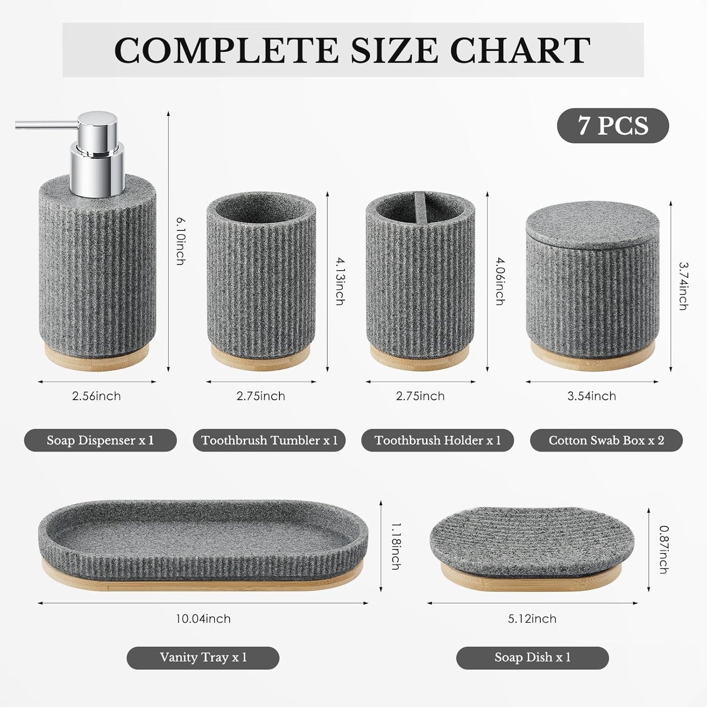 Bathroom Accessories Set, 7PCS Resin Bathroom Set with Bamboo Base, with Soap Dispenser, Q-tip Holder, Toothbrush Holder, Tumbler, Soap Dish, Vanity Tray, Complete Bathroom Set for Modern Decor,Grey