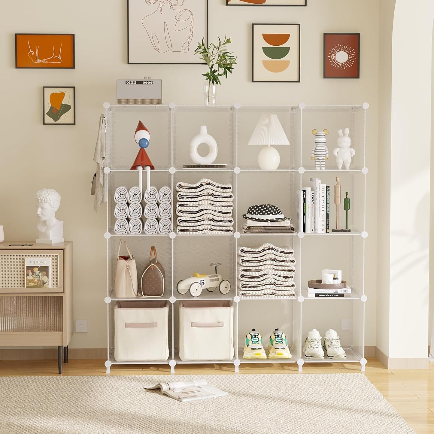 AWTATOS Cube Storage Organizer, 16 Cube Closet Organizers and Storage Shelves, DIY Stackable Bookshelf for Bedroom, Home, Translucent Twill