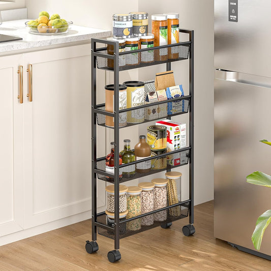 Slim Storage Rolling Cart, 4 Tier Narrow Cart with Wheels, Metal Kitchen Carts for Small Spaces, Slide Out Storage Shelves Mobile Shelving Unit for Kitchen, Laundry Room, Bathroom, Living Room, 6in(W)