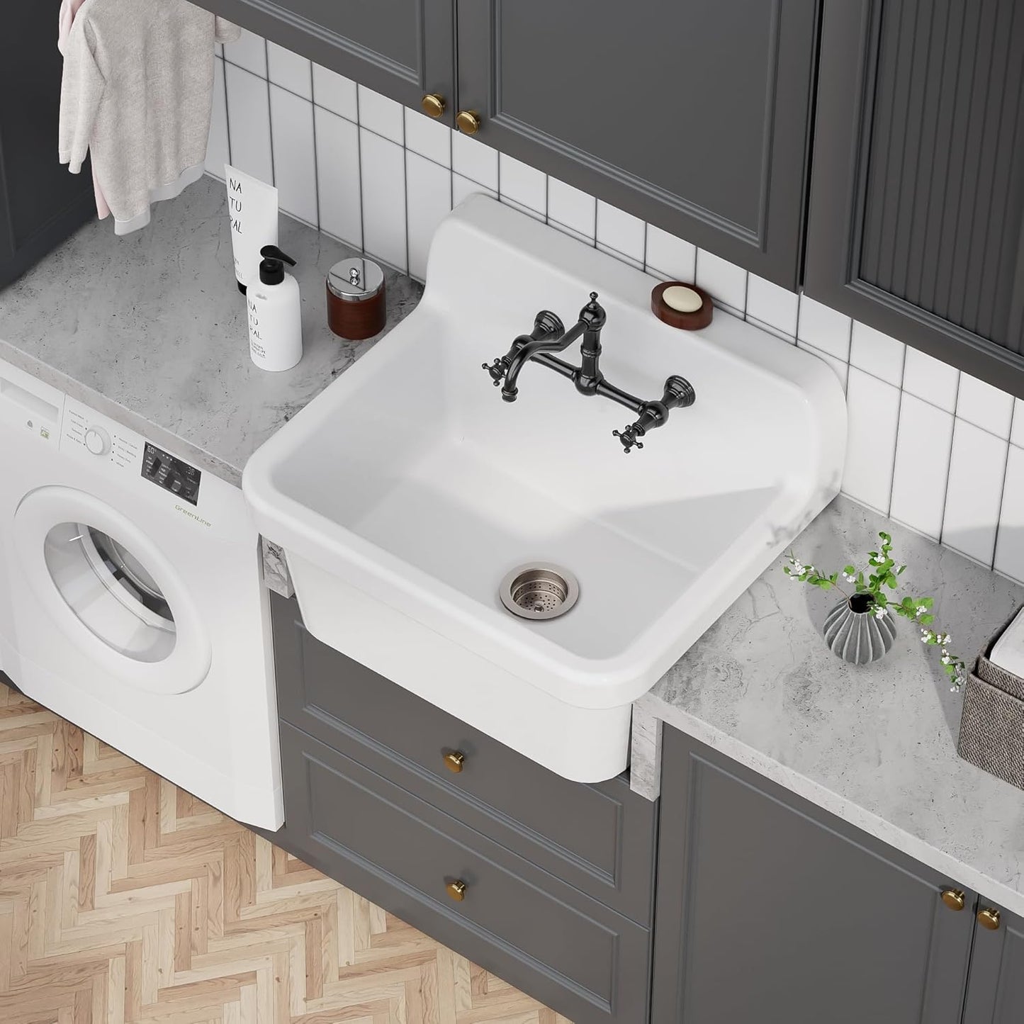 LUCKWIND 24 Inch Wall-Mounted Ceramic Utility Sink, White Farmhouse Sink for Laundry, Bathroom, Kitchen, Garage – Durable High Back Design