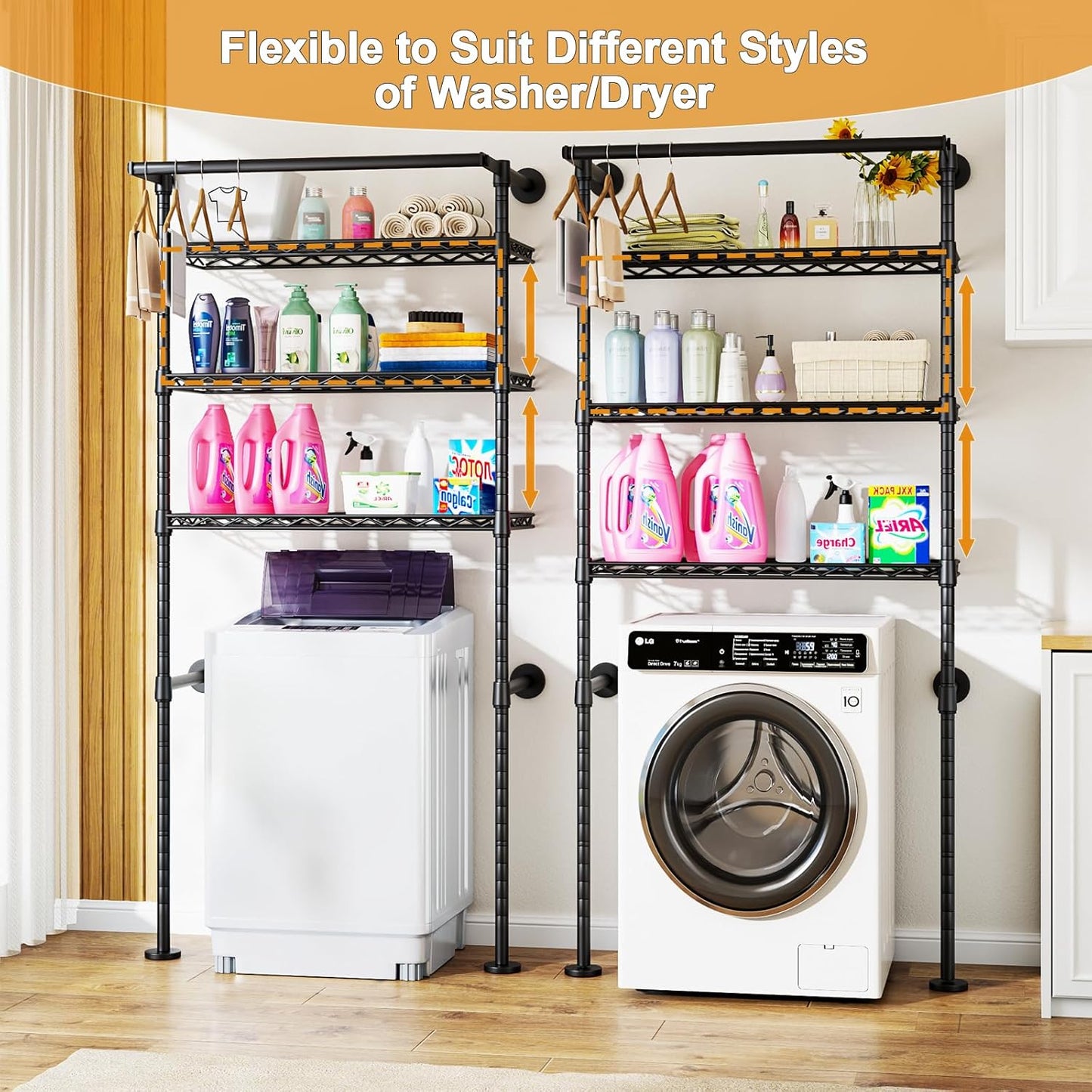 U17 Wall-Mounted Over Washer and Dryer Storage Shelves, Without Moving Washer or Dryer Laundry Room Storage Rack with Hanger Rod, 35" W x 22" D x 86.2" H, Holds 352 lbs, Black