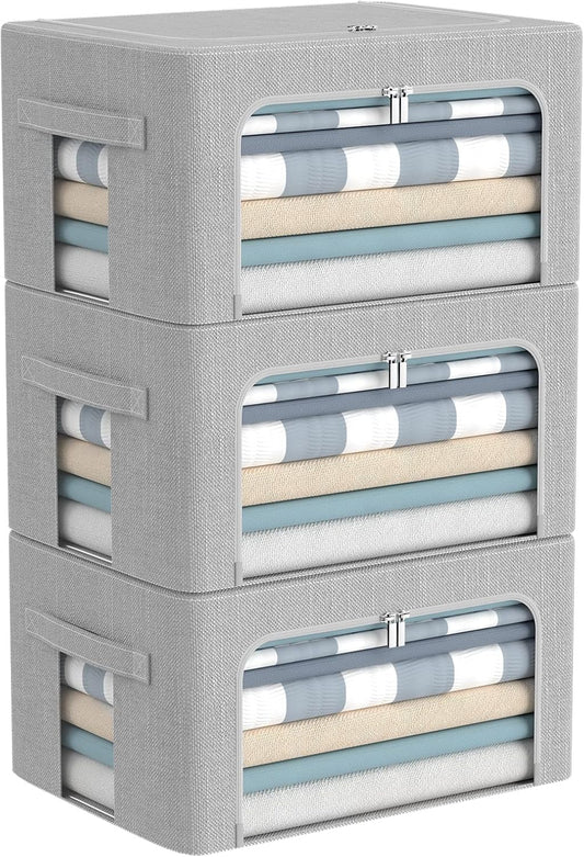 3Pack Foldable Storage Bins - Frame Storage Box Linen Fabric Stackable Clothes Container Organizer with Clear Window & Carry Handles Large Capacity (Small-22L, Light Grey)