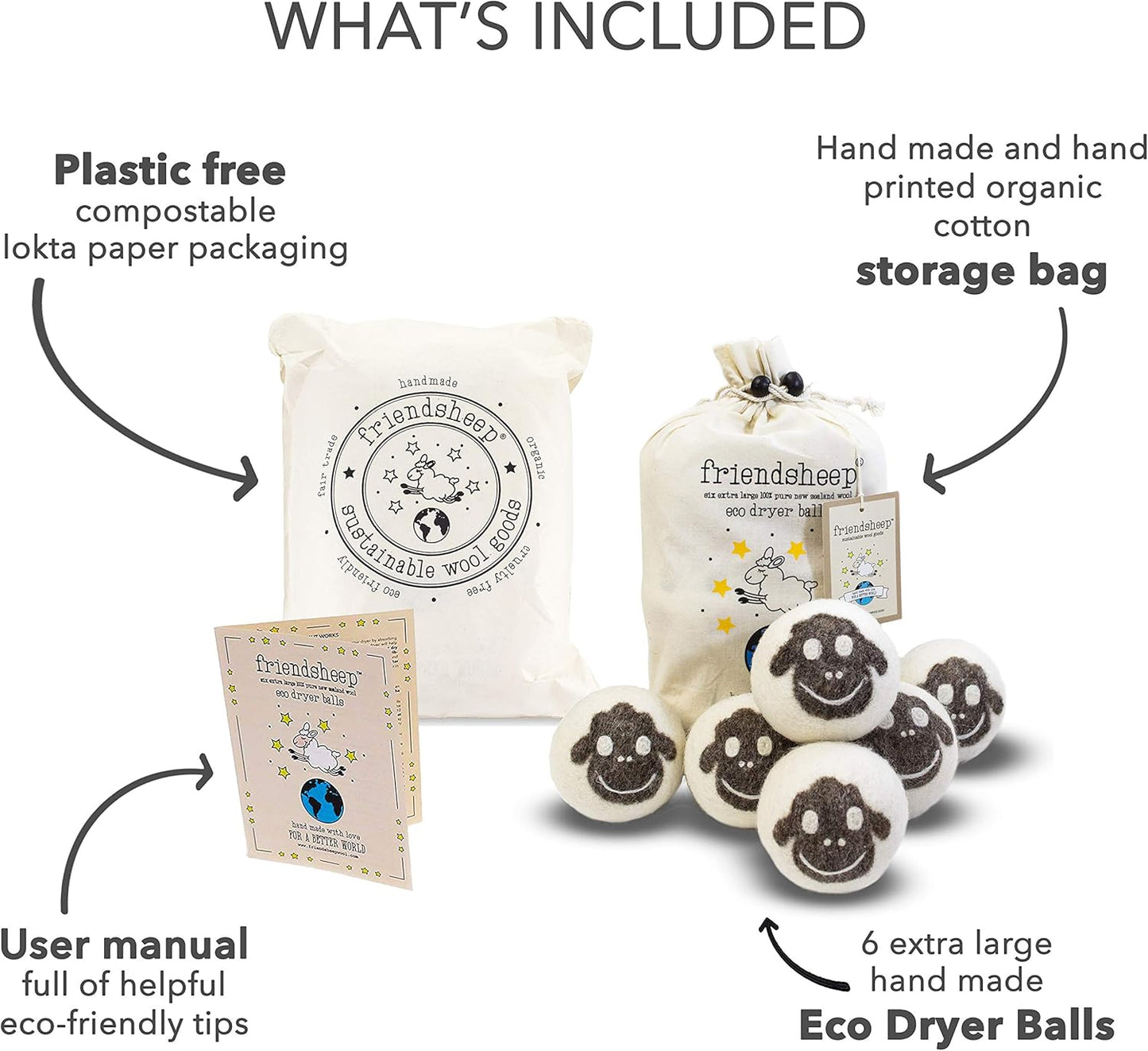 Friendsheep Wool Dryer Balls, Organic Reusable Fabric Softener Alternative for Laundry, Handmade, Fair Trade, Hypoallergenic, Eco-Friendly, Plastic-Free (6 Pack XL – Sheep Flock of Friends)