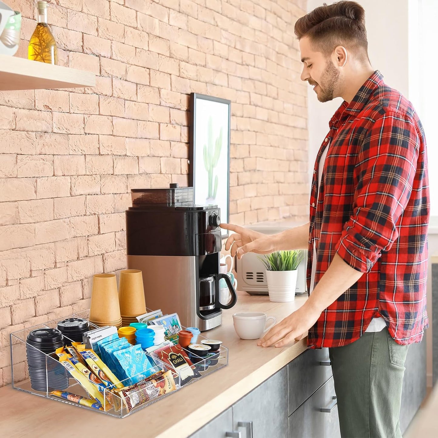 2 Pcs Acrylic Coffee Station Organizer for Countertop and Tea Condiment Storage with 9 Compartments Totally Bar Accessories for Home Office Breakroom, 2 in 1 Design