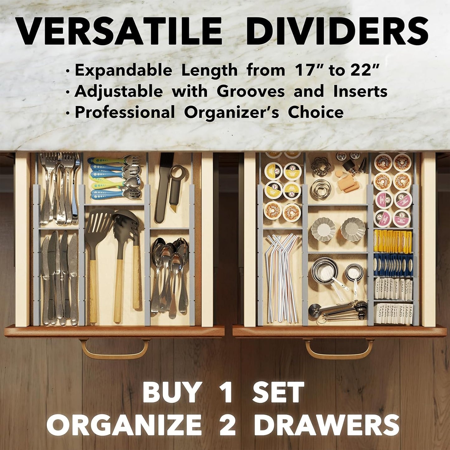 SpaceAid Bamboo Drawer Dividers with Inserts and Labels, Kitchen Adjustable Drawer Organizers, Expandable Organization for Home, Office, Dressers, 10 Dividers with 24 Inserts (17"-22" Gray)