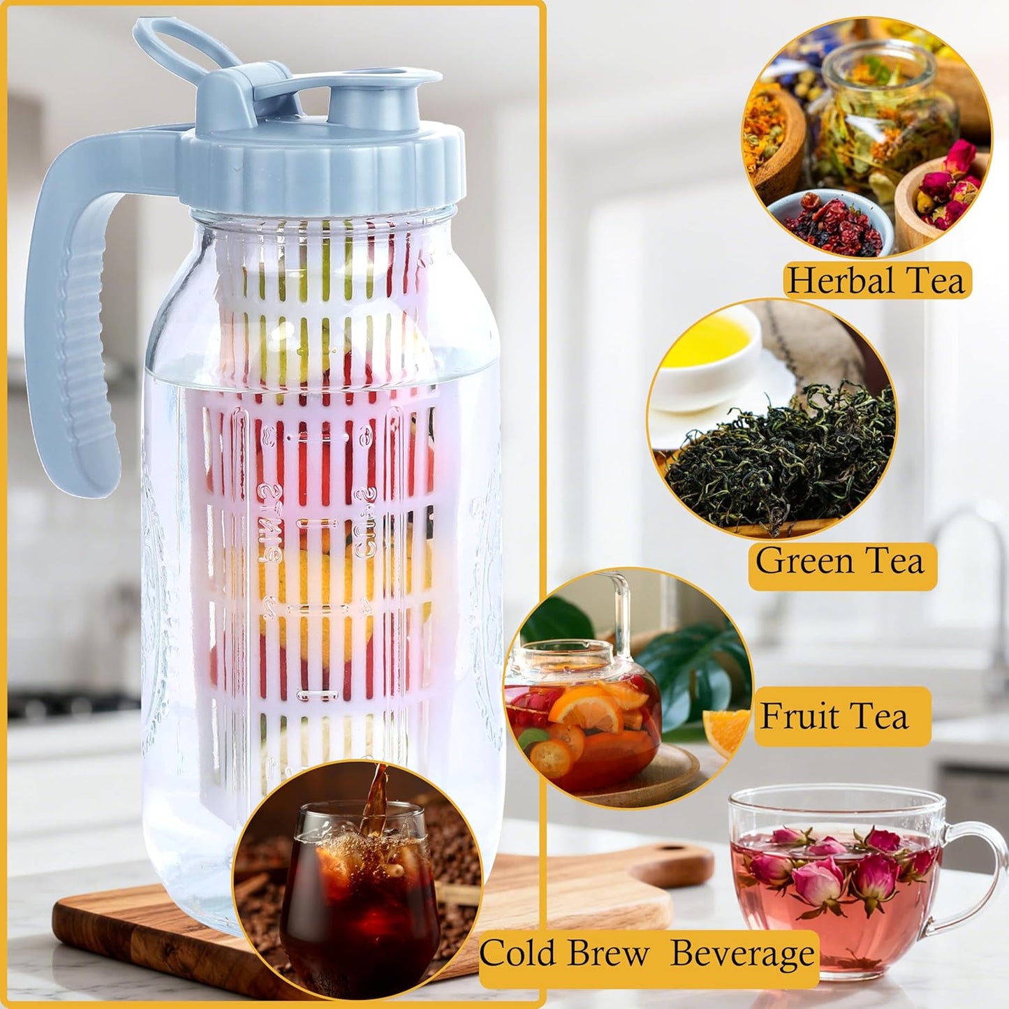 64 Oz Glass Pitcher With Infuser Lid Half Gallon Mason Ja Fruit Infused Cold Hot Water Pitcher 2 Quart Wide Mouth Sun Tea Jar For Outside For Fridge Lemonade, Beverage,Milk,Juice, Cold Brew Container