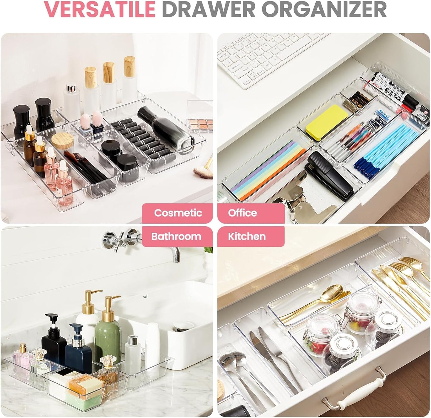 HOUSE DAY Makeup Drawer Organizer Trays 24 PCS, 4-Size Clear Drawer Organizers with Silicone Pads, Vanity Organizers and Storage, Non Slip Plastic Drawer Organizer for Desk, Bathroom, Kitchen, Office