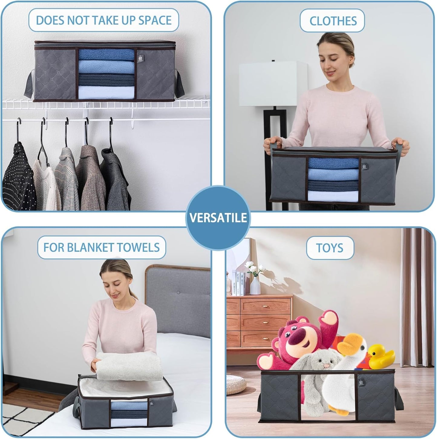 VENO 3 Pack Medium Clothes Storage Bag Organizer with Reinforced Handle Thick Fabric for Comforters, Blankets, Bedding, Foldable with Sturdy Zipper, Clear Window, Grey, Reusable (9.5 Gallon)