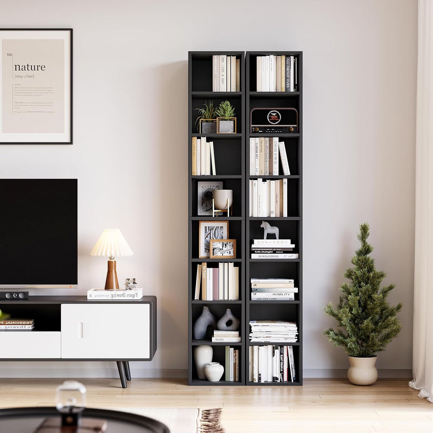 Bamjoy 71 Inches Tall Narrow Bookcase, 8-Tier Slim CD DVD Media Tower Rack, Corner Bookshelf with Adjustable Shelves, Cube Skinny Bookshelf for Home Office Small Space, Black