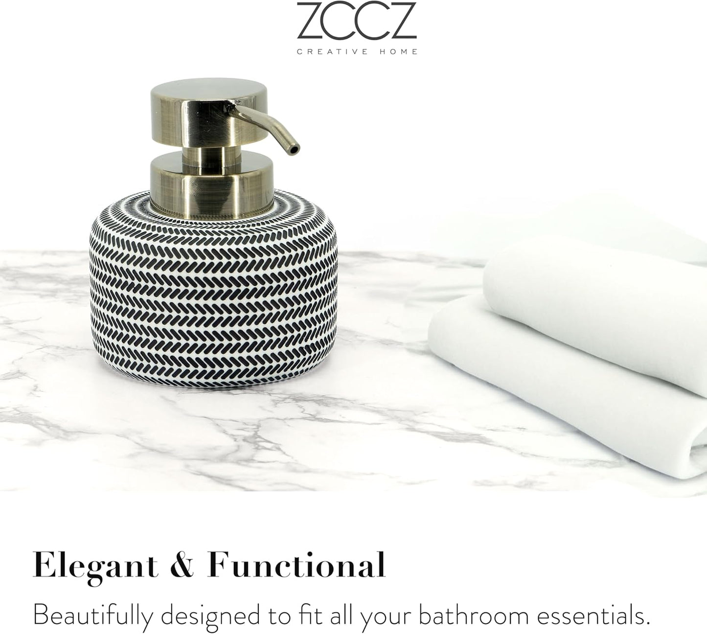 ZCCZ Black and White Bathroom Accessories Set, 4 Pieces - Toothbrush Holder, Soap Dispenser, Vanity Tray, Tumbler - Countertop Organizer for Bathroom Decor - Modern Accessory Set for Home and Office