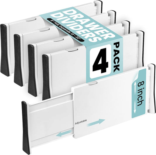 RAPTUROUS Adjustable Drawer Dividers, 8" Tall, Expandable 13.35-22", 4-Pack, Non-Slip for Deep Drawers in Kitchen, Bedroom, and Closet (White)