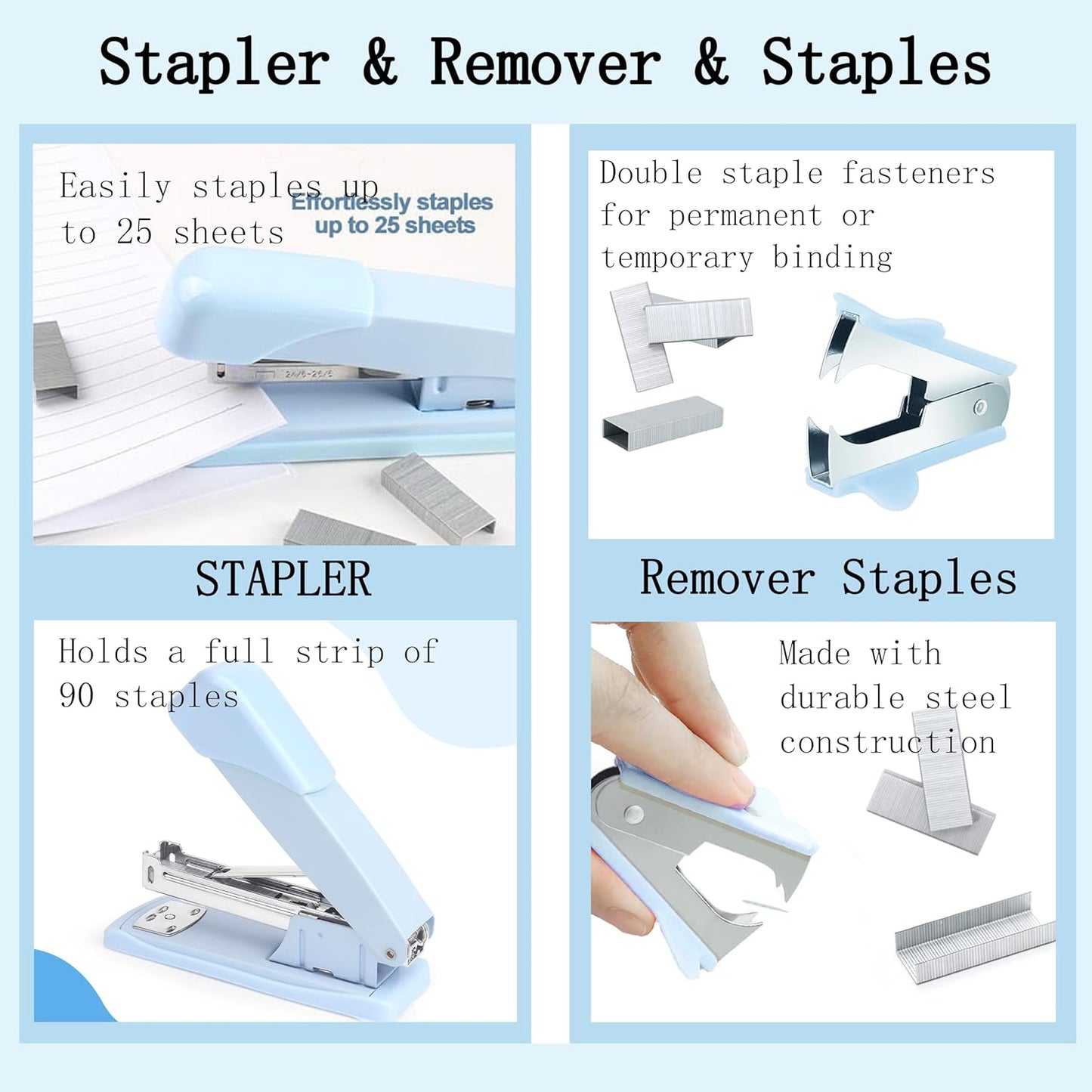 Blue Desk Accessories, Blue Office Supplies 360°Pen Holder Desk Organizers and Accessories with Tape Dispenser, Stapler, Staple Remover, 1000 Staples, Tape, Clips Set, Ruler, Scissor, Pen