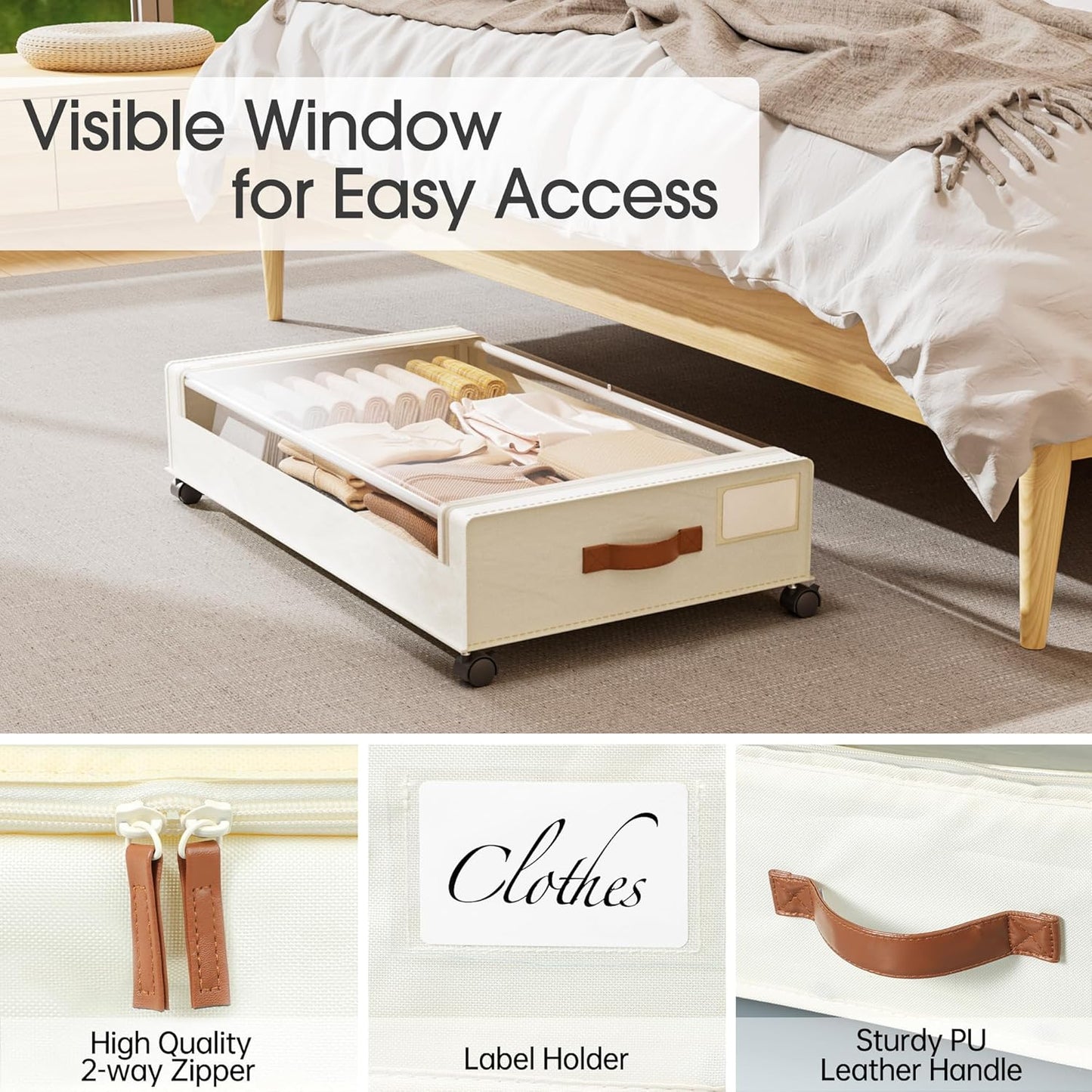 Yecaye Under Bed Storage with Wheels, 2 Pack Under Bed Storage Containers, 60L Underbed Shoe Storage with Clear Window & Label, Rolling Under Bed Metal Drawer for Clothes, Shoes, Books, Blankets