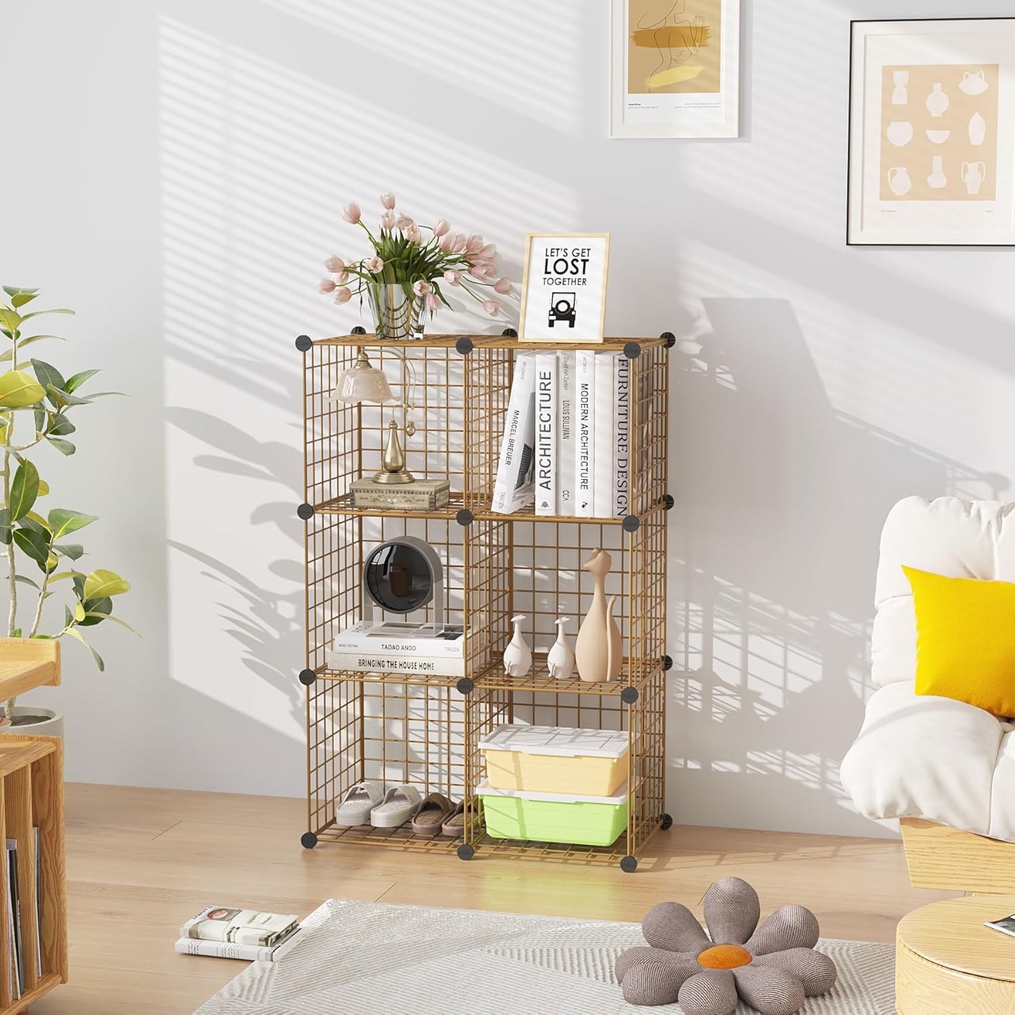 C&AHOME Wire Cube Storage, 6 - Cube Organizer Metal C Grids, Modular Shelves Units, Closet Organizer, Ideal for Home, Office, Living Room, 36.6”L x 12.4”W 36.6”H, Brown UWCS3006R