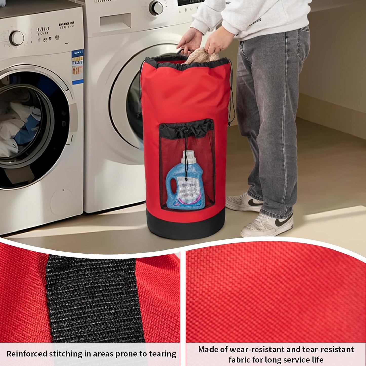 Laundry Bag Backpack with Shoulder Straps and Mesh Pocket Foldable Clothes Hamper Bag with Drawstring Closure for College, Apartment, Laundromat (Red)