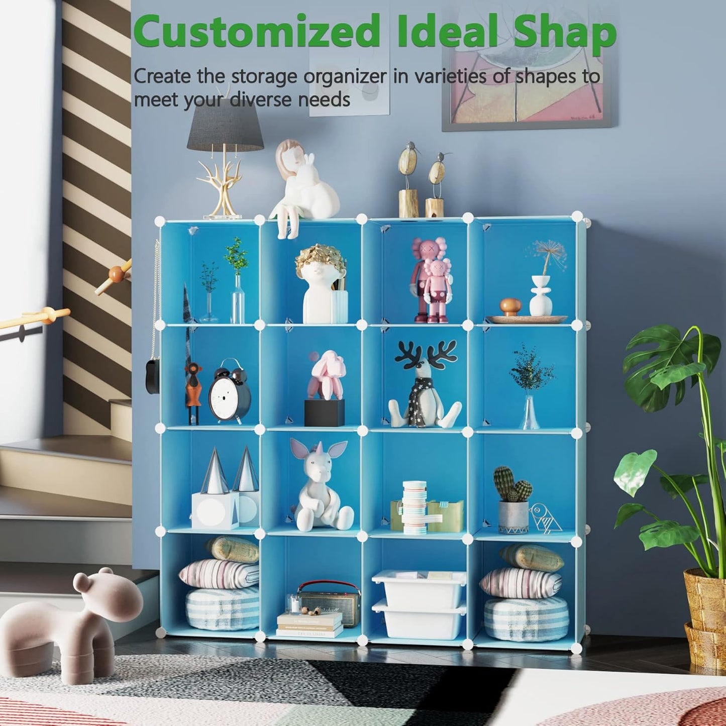 C&AHOME Cube Storage Organizer, 16-Cube Shelves Units, Plastic Storage Cubes, DIY Closet Organizer, Modular Closet Storage Shelves Ideal for Home, Bedroom, 48.4" L × 12.4" W × 48.4" H Blue UPCS16L