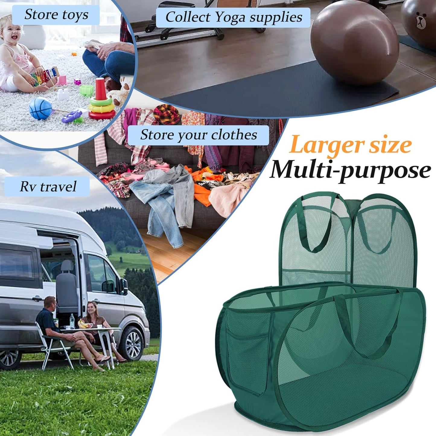 Upgraded Extra Large Mesh Pop Up Laundry Hamper 2 Pack, 100L Foldable Laundry Baskets, Dirty Clothes Hamper with Handles, Collapsible Hampers for Laundry Travel, Dorm or Home. Green