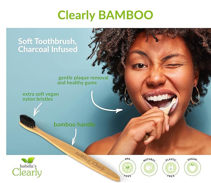 Clearly Bamboo Toothbrush Set | Extra Soft Charcoal Infused Bristles, Eco Biodegradable Wood, BPA Free Vegan Nylon | Great for Teeth Whitening, Sensitive Gums, Adults, Kids (Family Pack of 4)