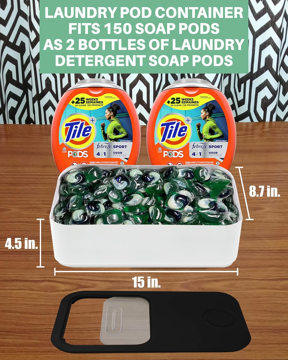 TidyFriend Laundry Pods Container with Slide Lid, 15" x 8.7" x 4.5", Airtight Storage Keeps Pods Fresh, Holds 9–10 lbs or 100–130 Pods, Laundry Detergent Container & Dishwasher Pod Holder (Black)