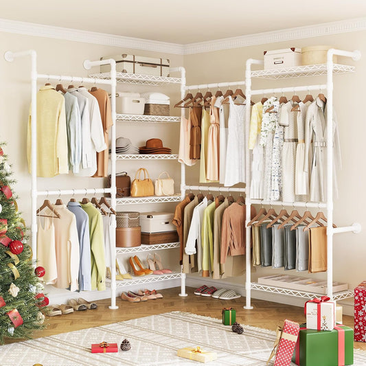 ONBRILL L4 Wall Mounted Industrial Pipe Clothing Rack, Closet Organizer System with 6 Hanging Clothes Rods ( 4 Expandable Rods) & 8 Shelves, Heavy Duty Corner Garment Rack, Large Wardrobe - White