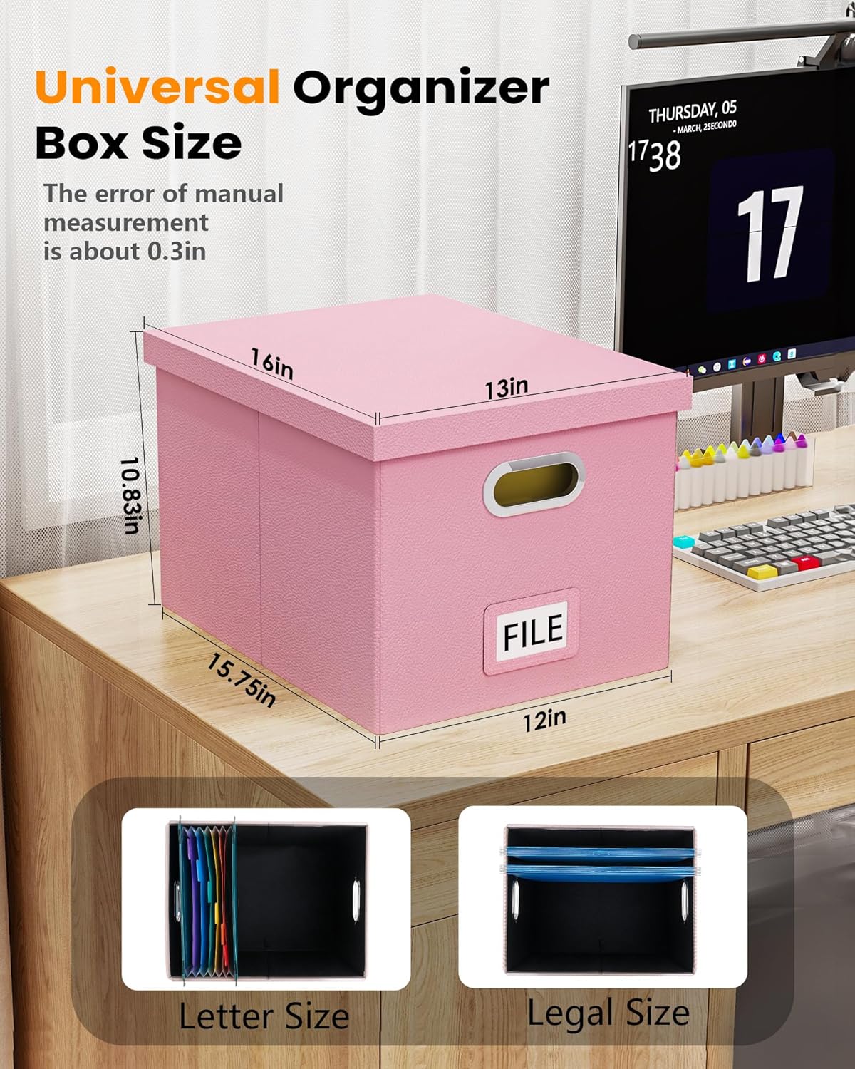 2 Pack File Storage Organizer Box,Filing Box,Portable File Box with Lid,Fit for Letter/Legal File Folder Storage, Pink(Leather)-Box only